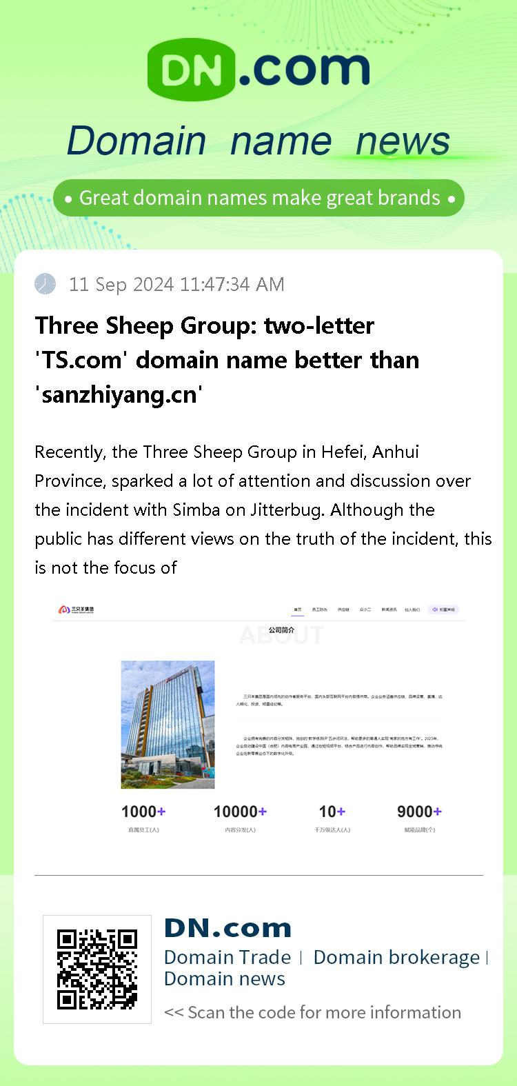 Three Sheep Group: two-letter 'TS.com' domain name better than 'sanzhiyang.cn'