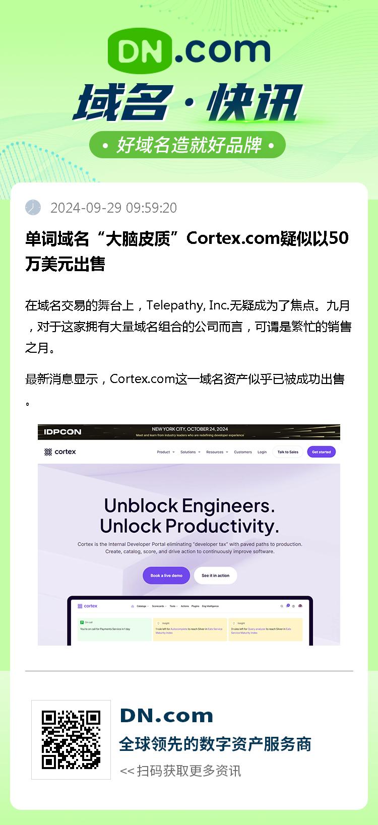 单词域名“大脑皮质”Cortex.com疑似以50万美元出售