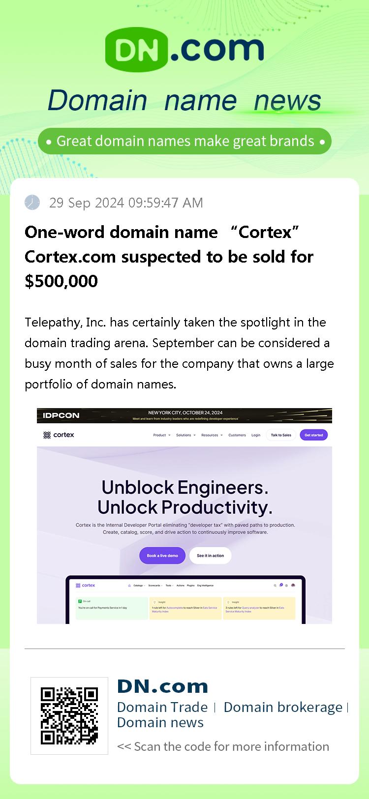 One-word domain name “Cortex” Cortex.com suspected to be sold for $500,000