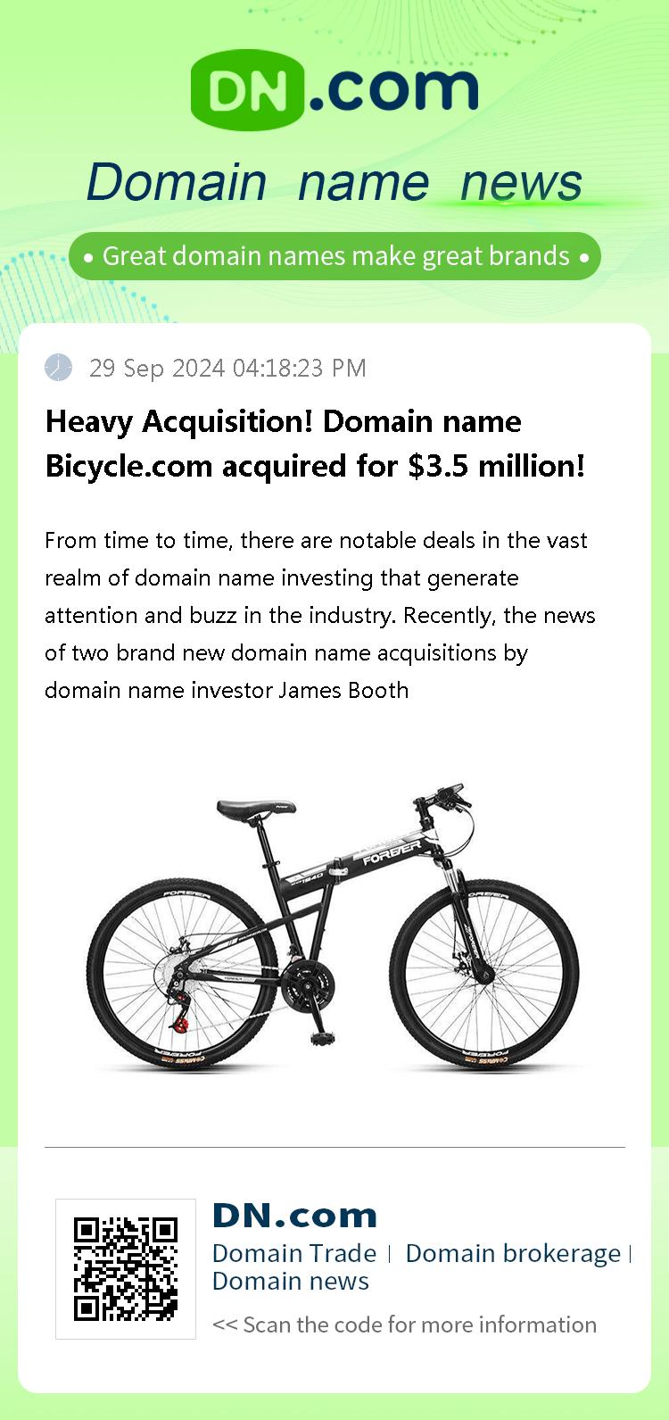 Heavy Acquisition! Domain name Bicycle.com acquired for $3.5 million!