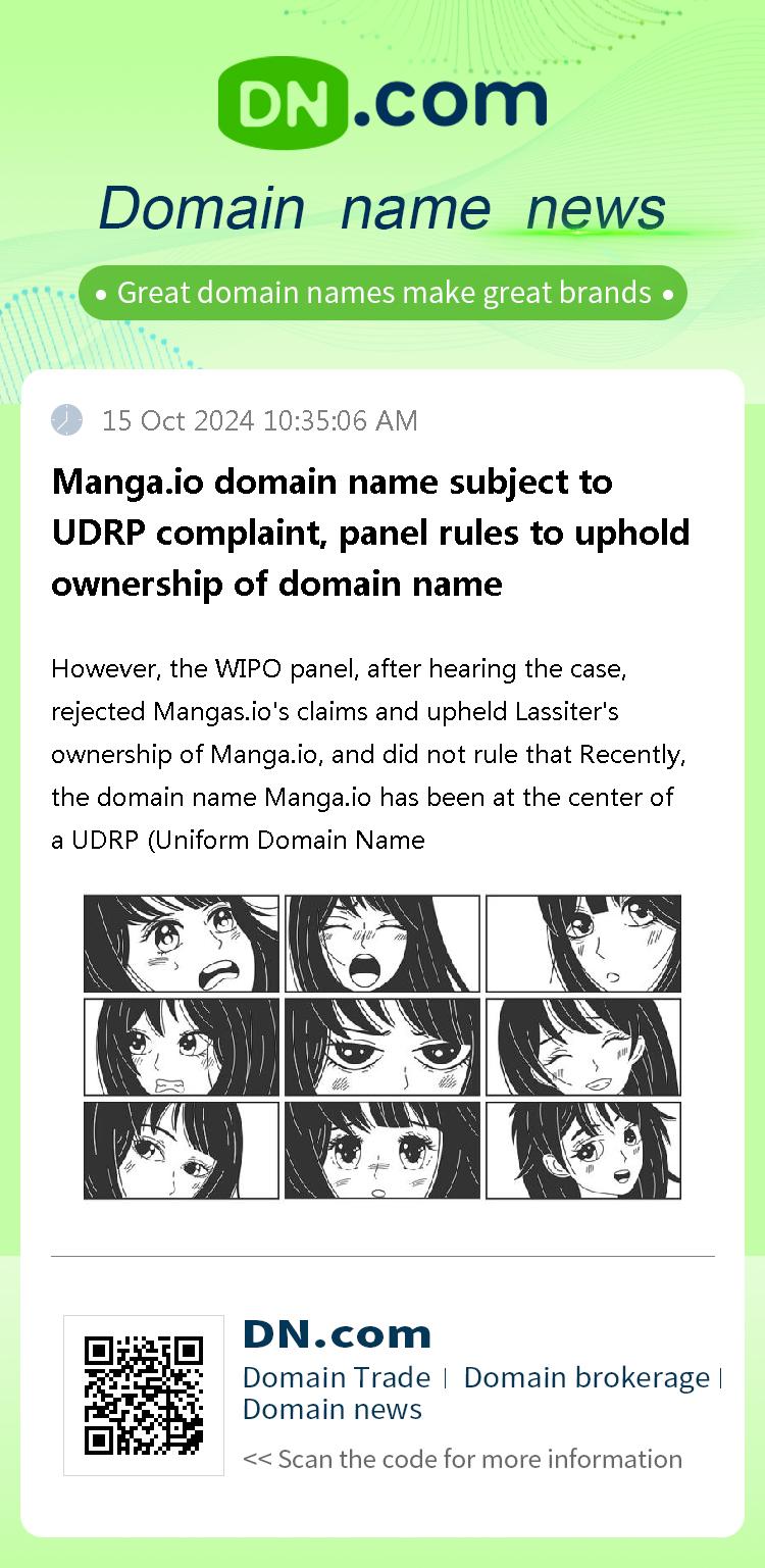 Manga.io domain name subject to UDRP complaint, panel rules to uphold ownership of domain name