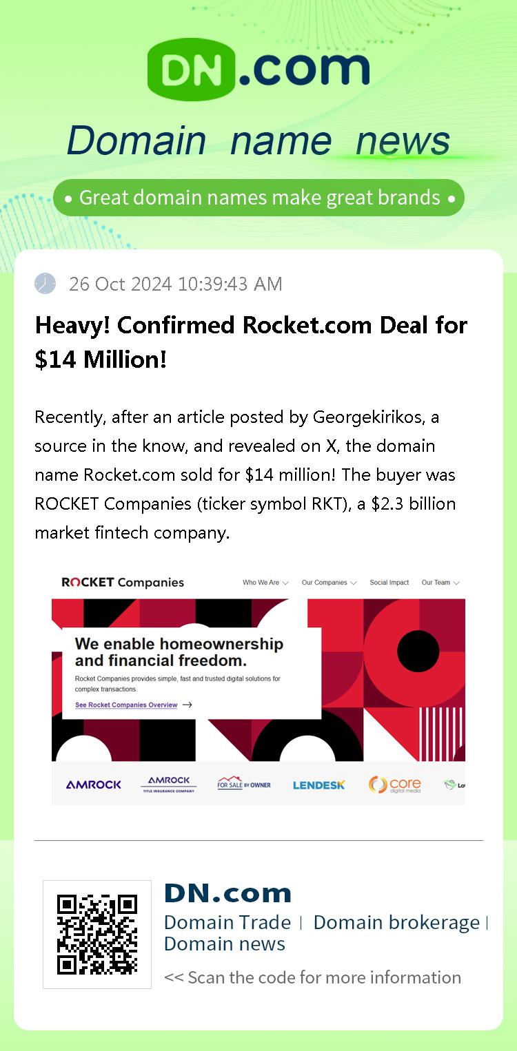 Heavy! Confirmed Rocket.com Deal for $14 Million!