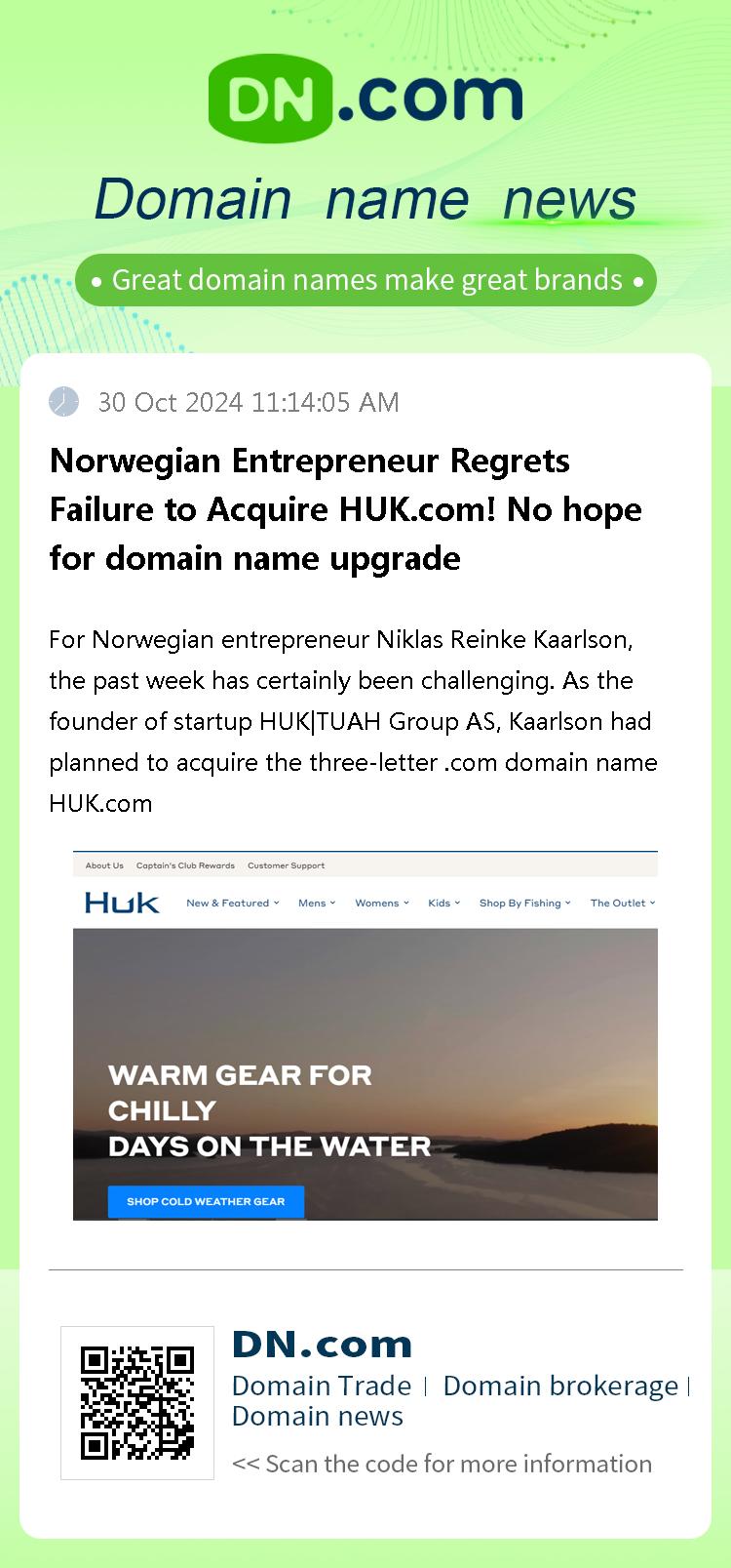 Norwegian Entrepreneur Regrets Failure to Acquire HUK.com! No hope for domain name upgrade