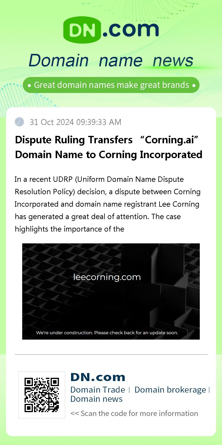 Dispute Ruling Transfers “Corning.ai” Domain Name to Corning Incorporated