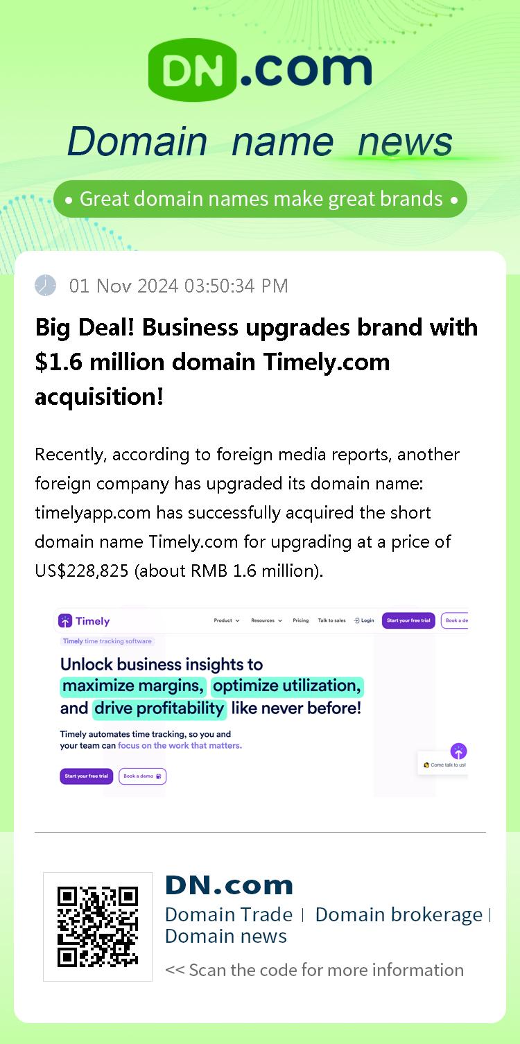 Big Deal! Business upgrades brand with $1.6 million domain Timely.com acquisition!