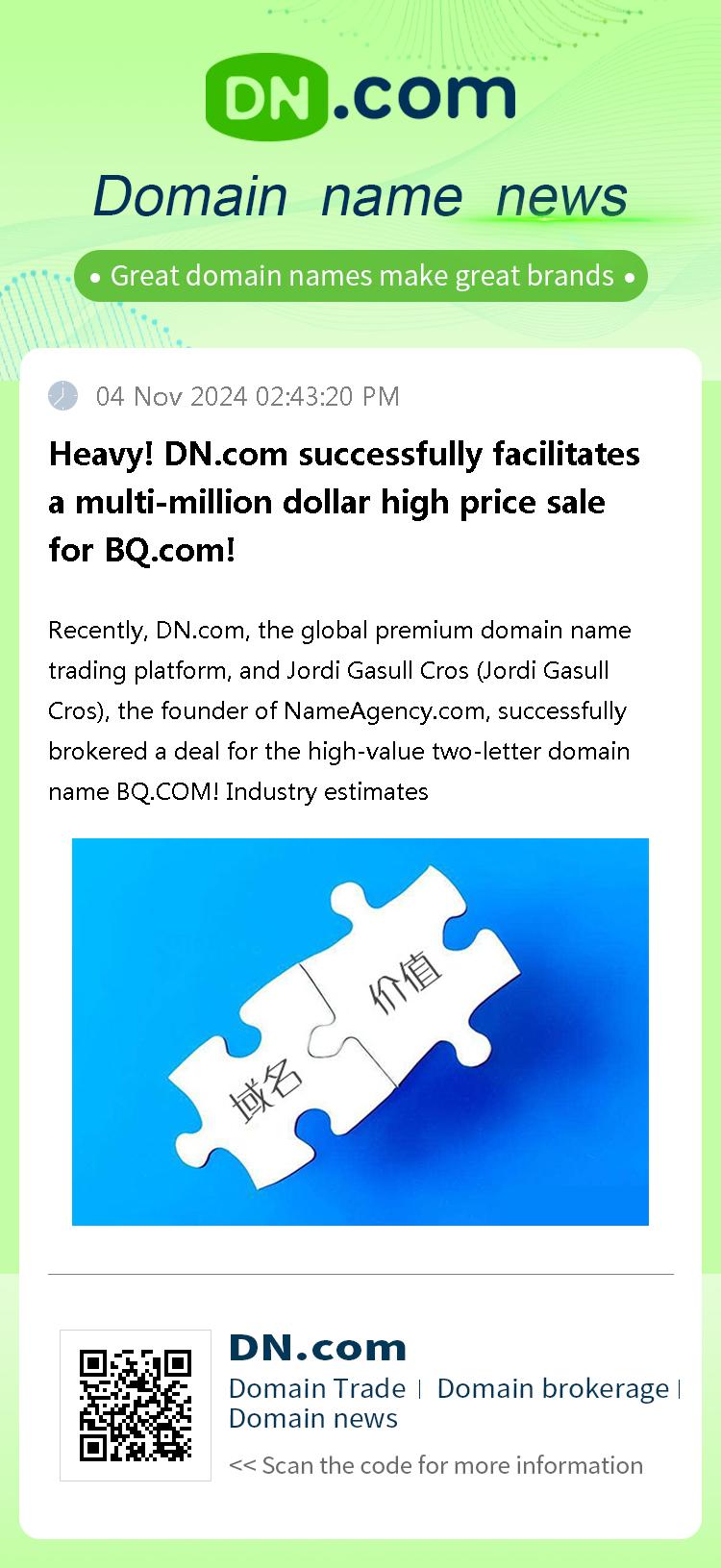 Heavy! DN.com successfully facilitates a multi-million dollar high price sale for BQ.com!