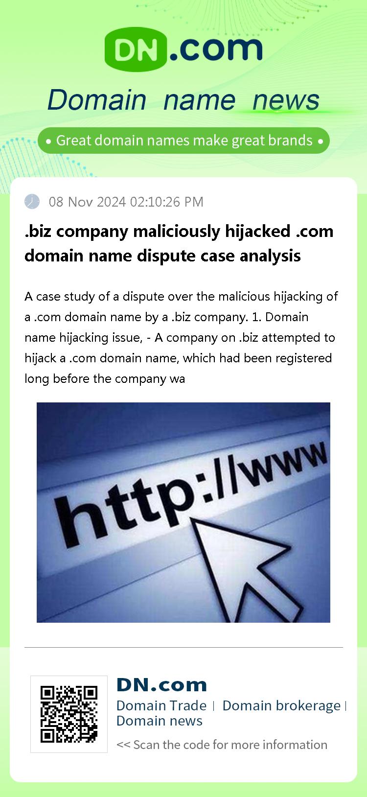 .biz company maliciously hijacked .com domain name dispute case analysis