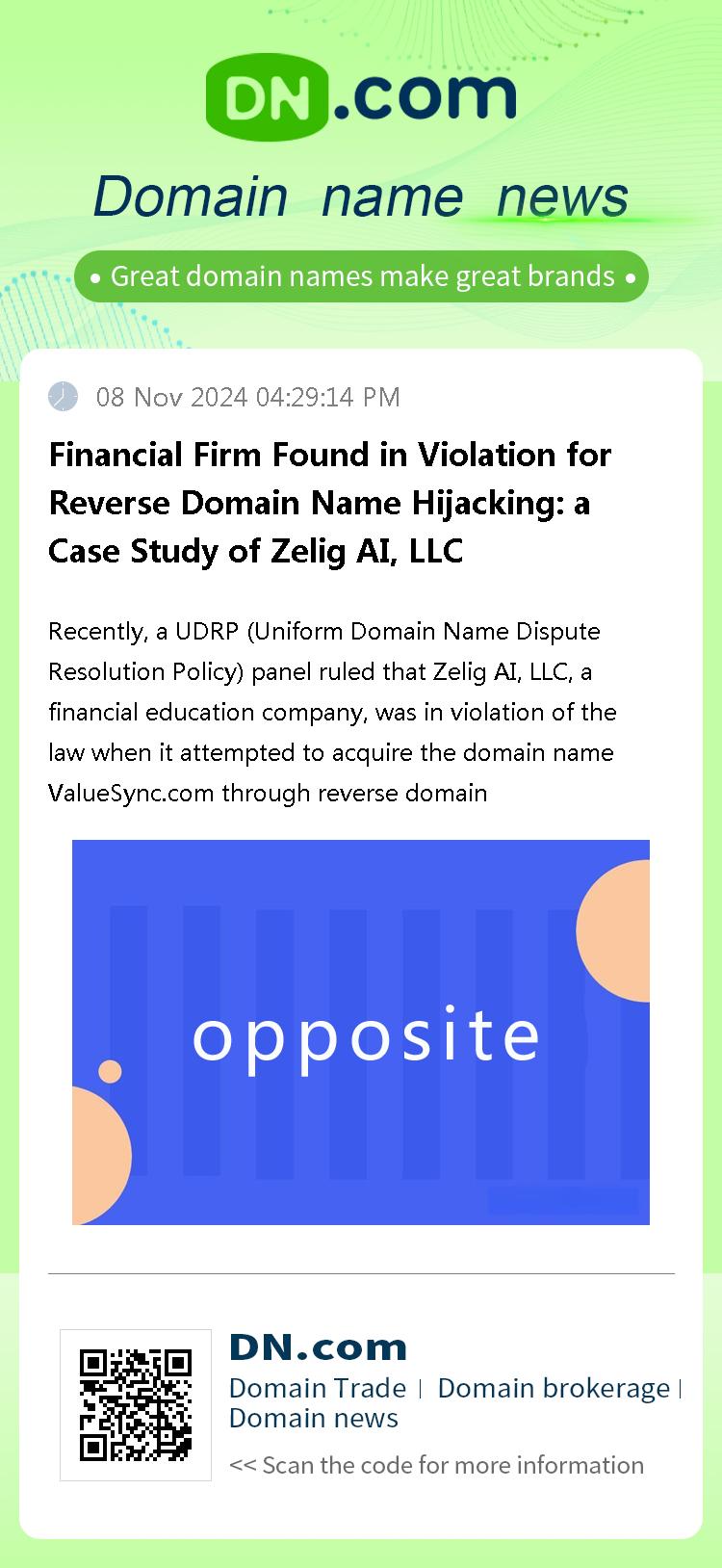 Financial Firm Found in Violation for Reverse Domain Name Hijacking: a Case Study of Zelig AI, LLC