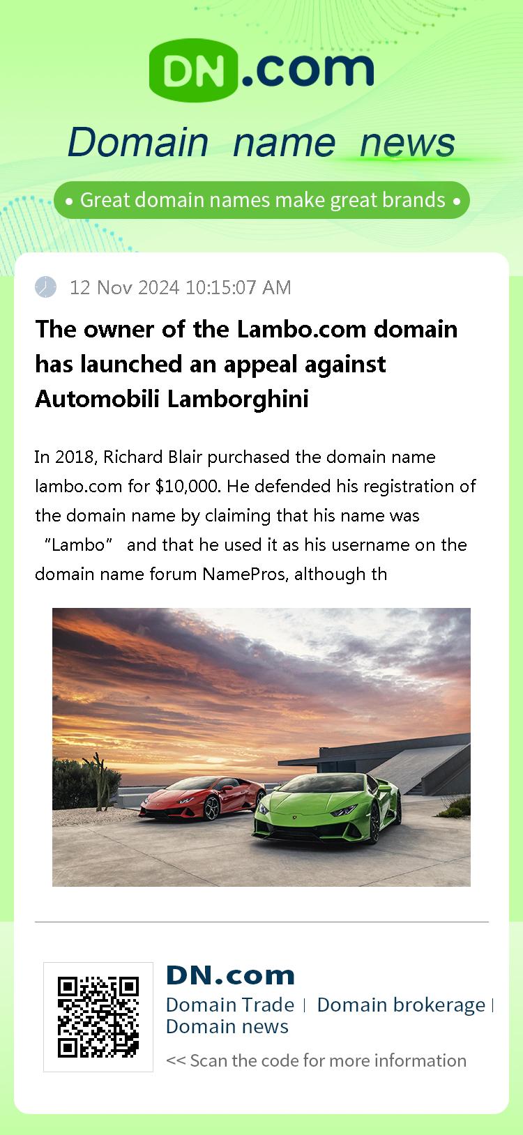 The owner of the Lambo.com domain has launched an appeal against Automobili Lamborghini