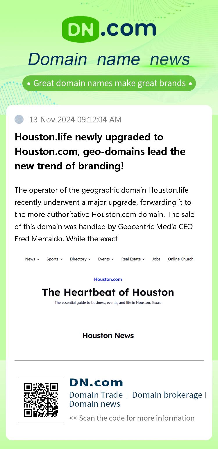 Houston.life newly upgraded to Houston.com, geo-domains lead the new trend of branding!