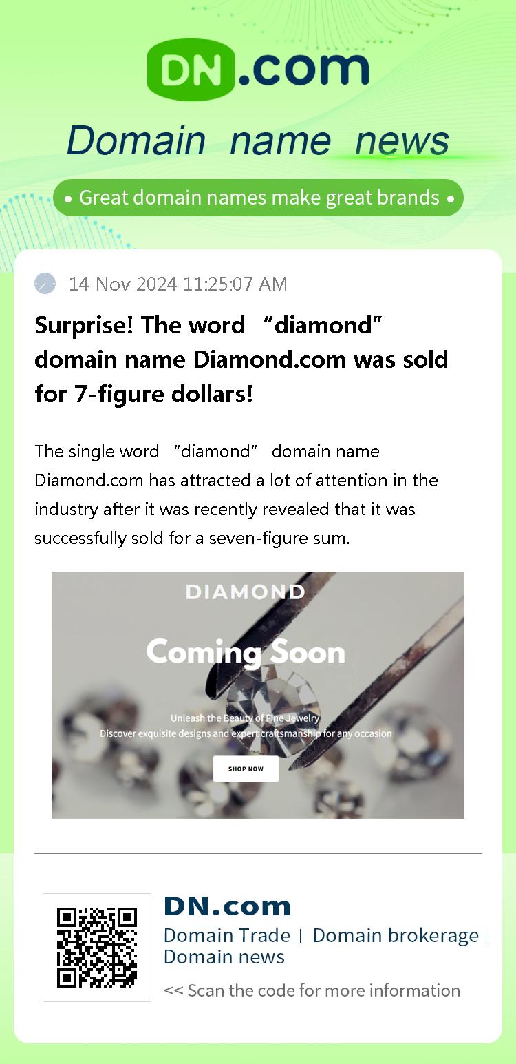 Surprise! The word “diamond” domain name Diamond.com was sold for 7-figure dollars!