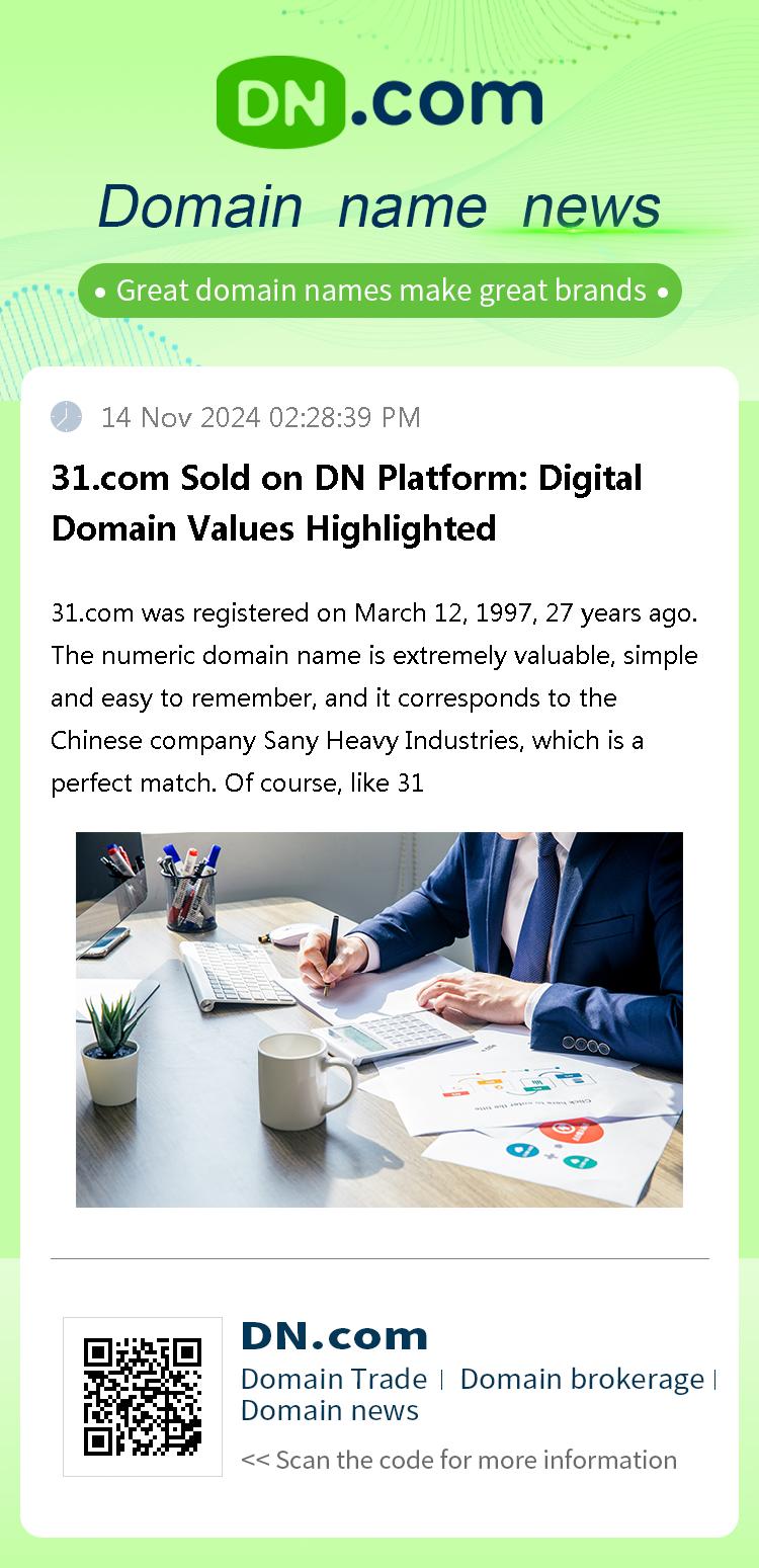 31.com Sold on DN Platform: Digital Domain Values Highlighted