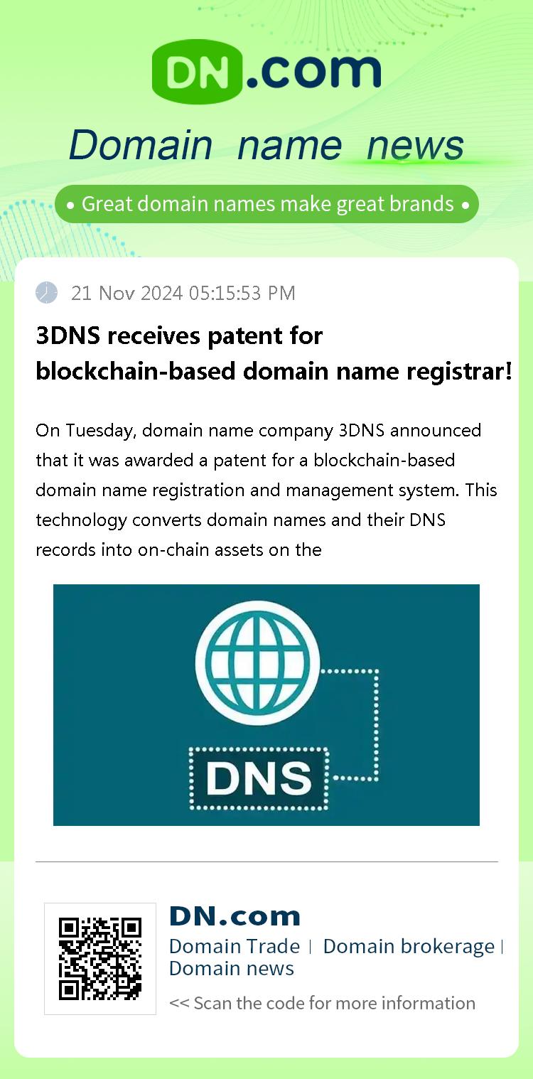 3DNS receives patent for blockchain-based domain name registrar!