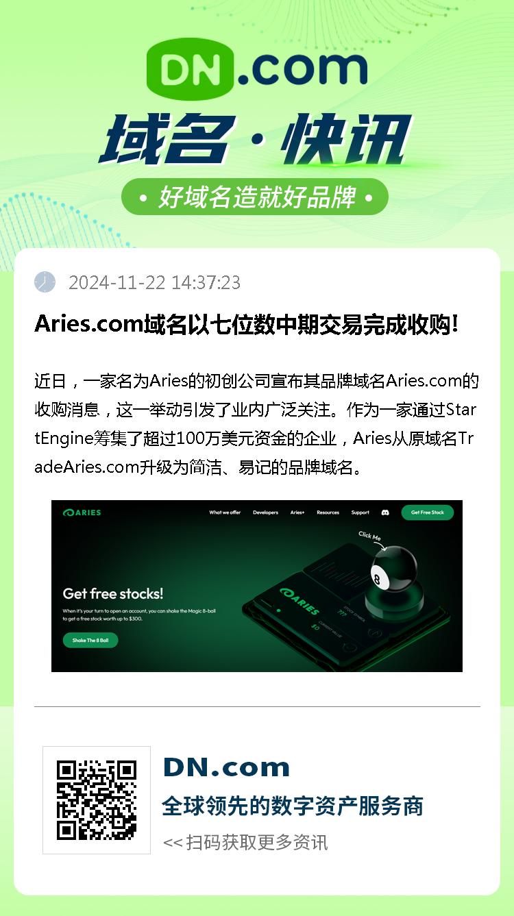 Aries.com域名以七位数中期交易完成收购!