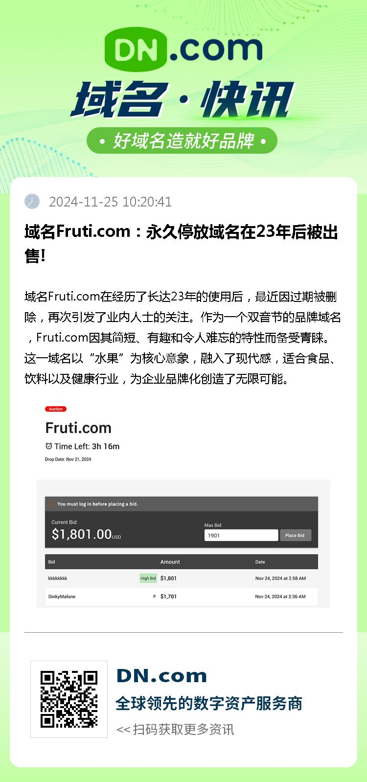 域名Fruti.com：永久停放域名在23年后被出售!