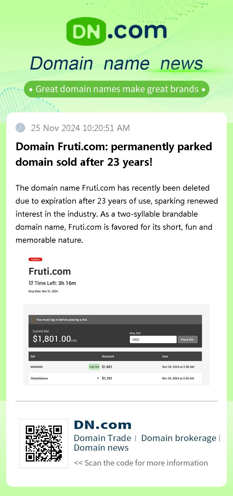 Domain Fruti.com: permanently parked domain sold after 23 years!