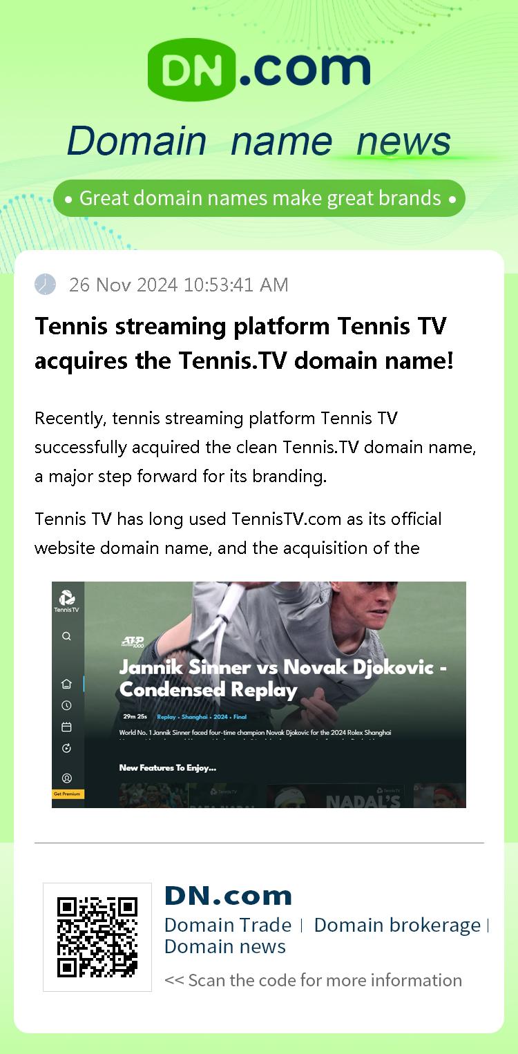 Tennis streaming platform Tennis TV acquires the Tennis.TV domain name!