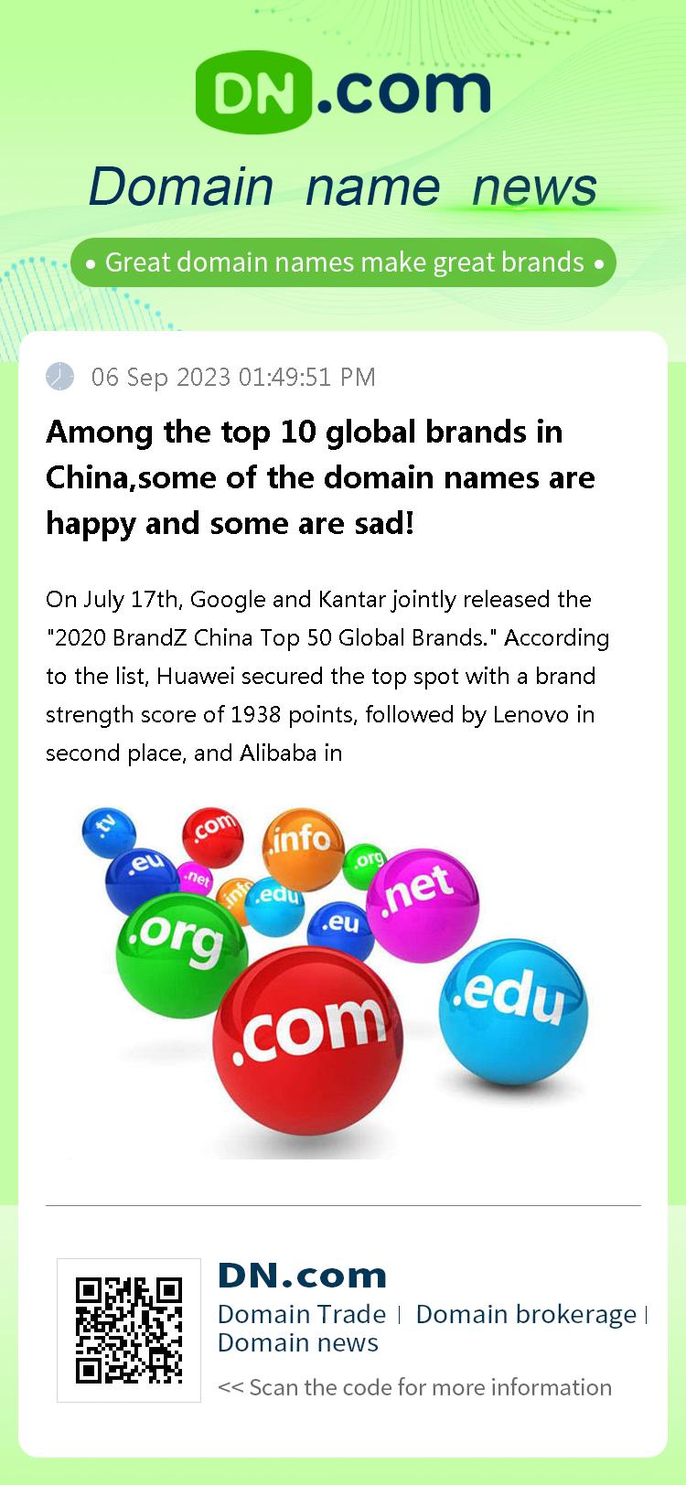 Among the top 10 global brands in China,some of the domain names are happy and some are sad!