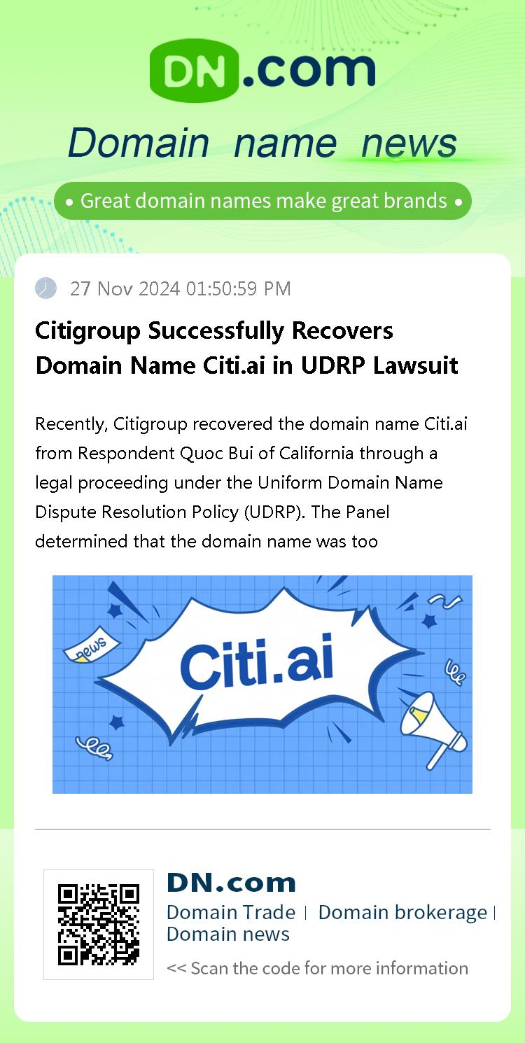 Citigroup Successfully Recovers Domain Name Citi.ai in UDRP Lawsuit