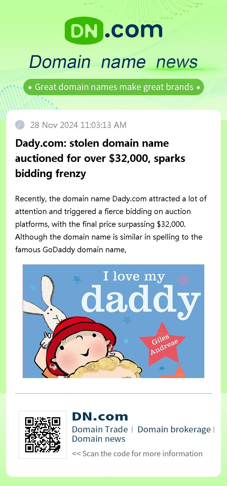 Dady.com: stolen domain name auctioned for over $32,000, sparks bidding frenzy