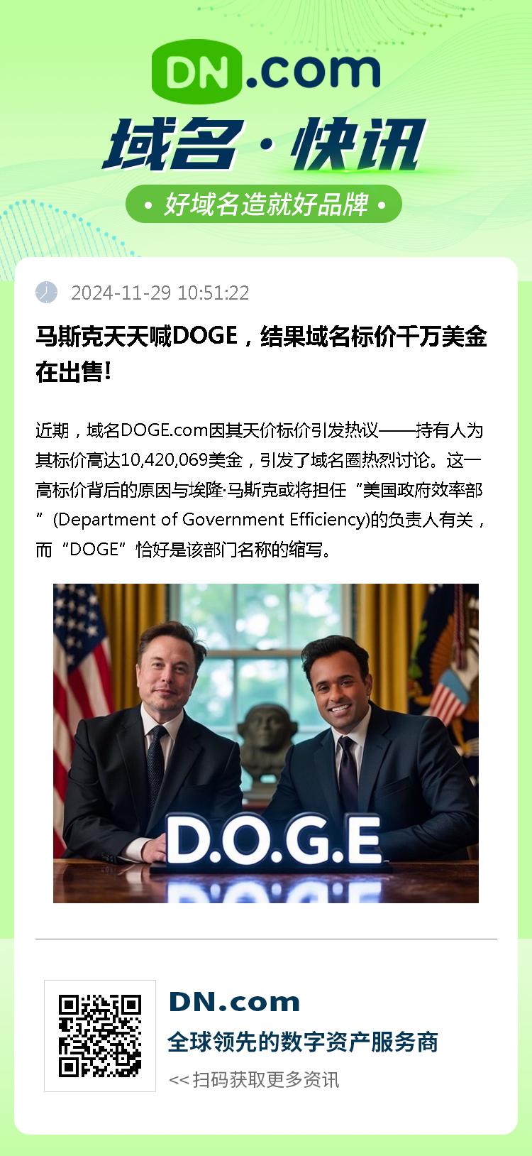 马斯克天天喊DOGE，结果域名标价千万美金在出售!