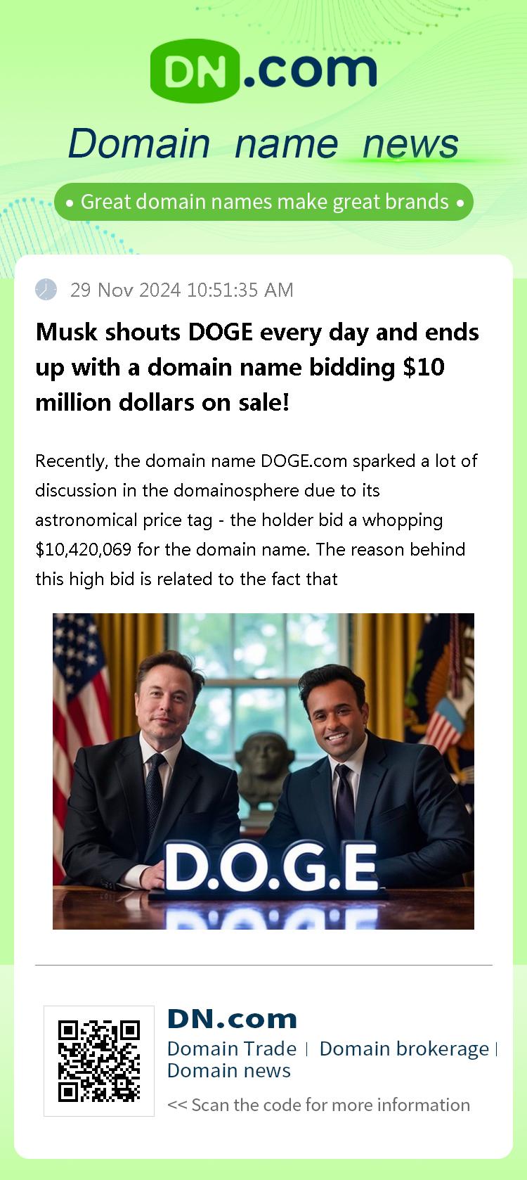 Musk shouts DOGE every day and ends up with a domain name bidding $10 million dollars on sale!