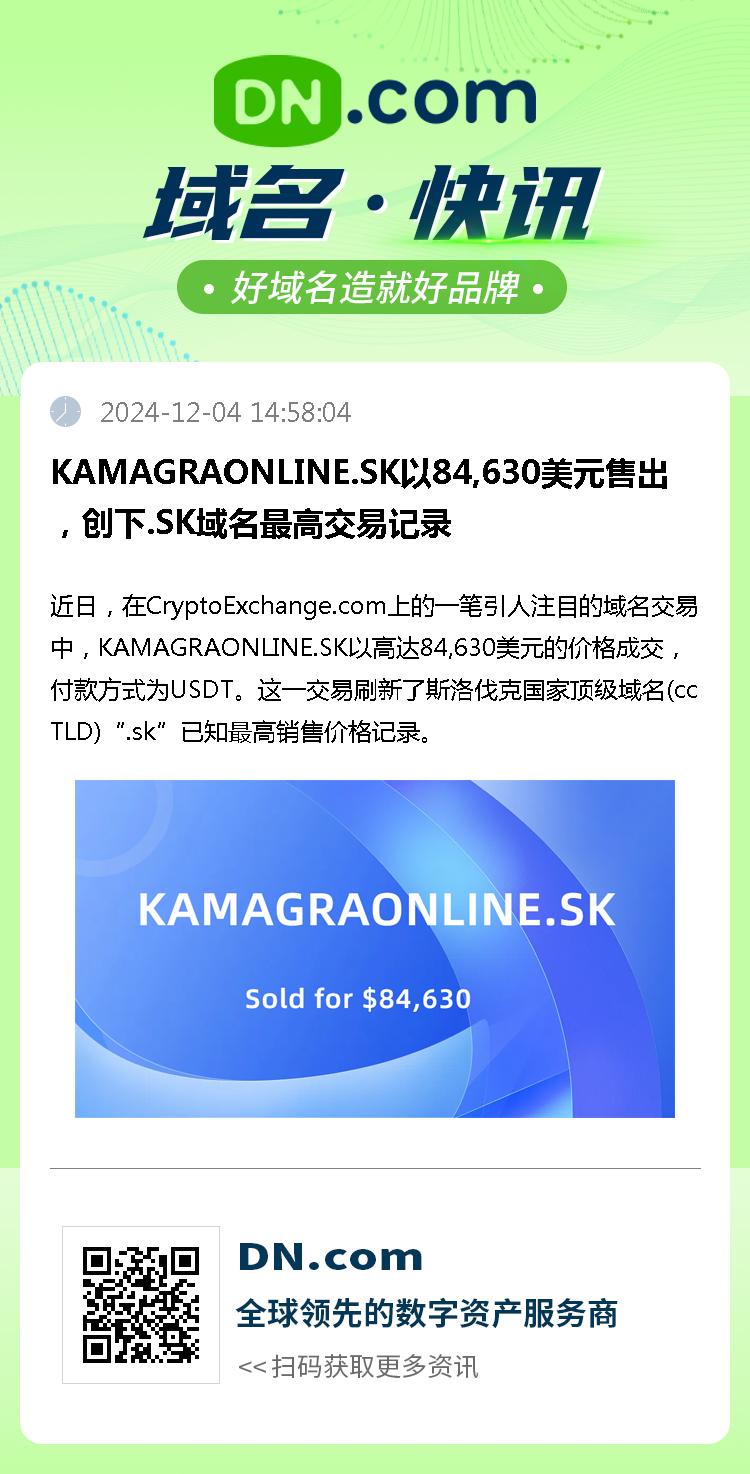 KAMAGRAONLINE.SK以84,630美元售出，创下.SK域名最高交易记录