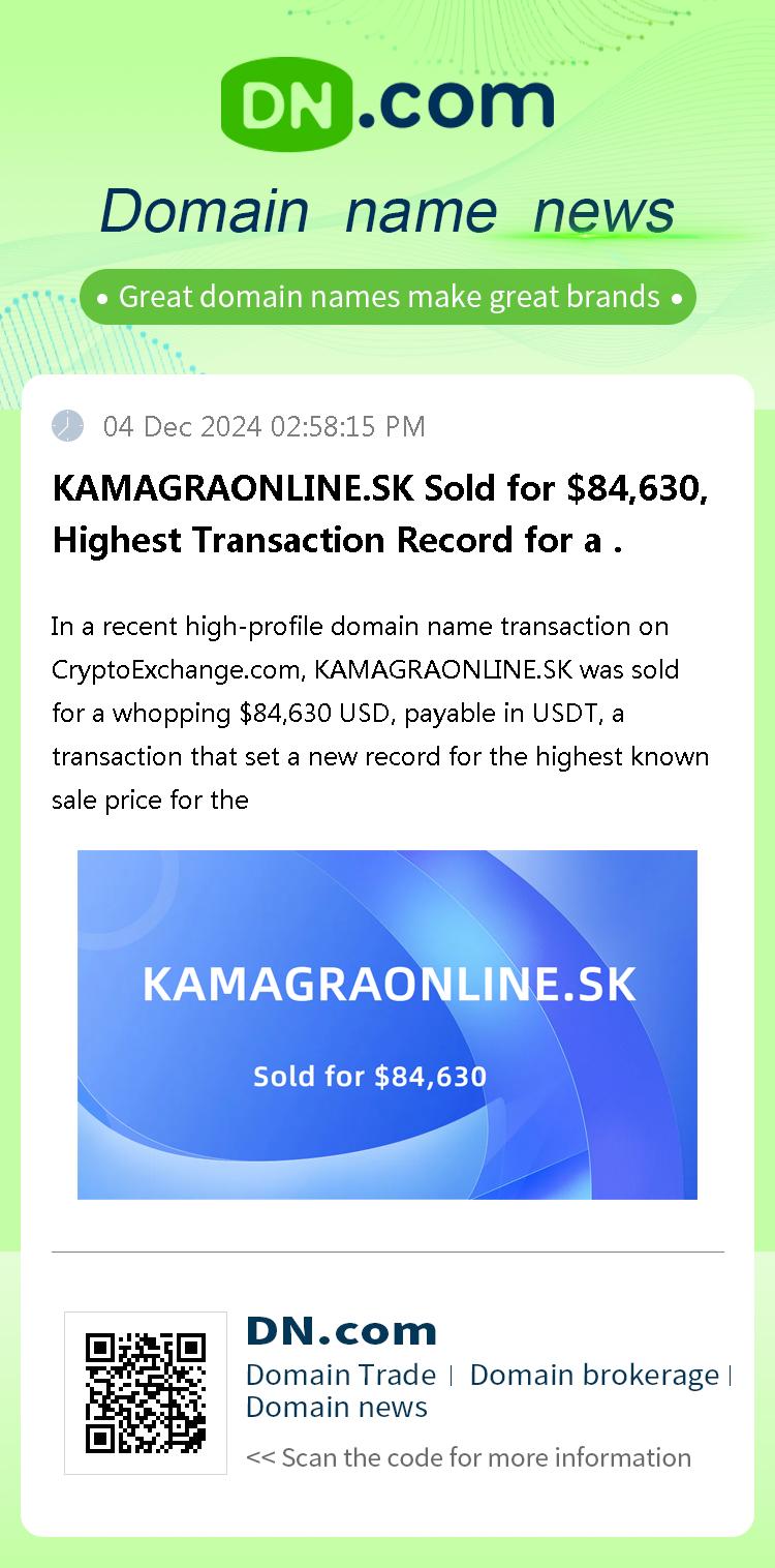 KAMAGRAONLINE.SK Sold for $84,630, Highest Transaction Record for a .