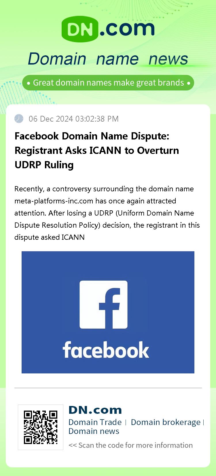 Facebook Domain Name Dispute: Registrant Asks ICANN to Overturn UDRP Ruling