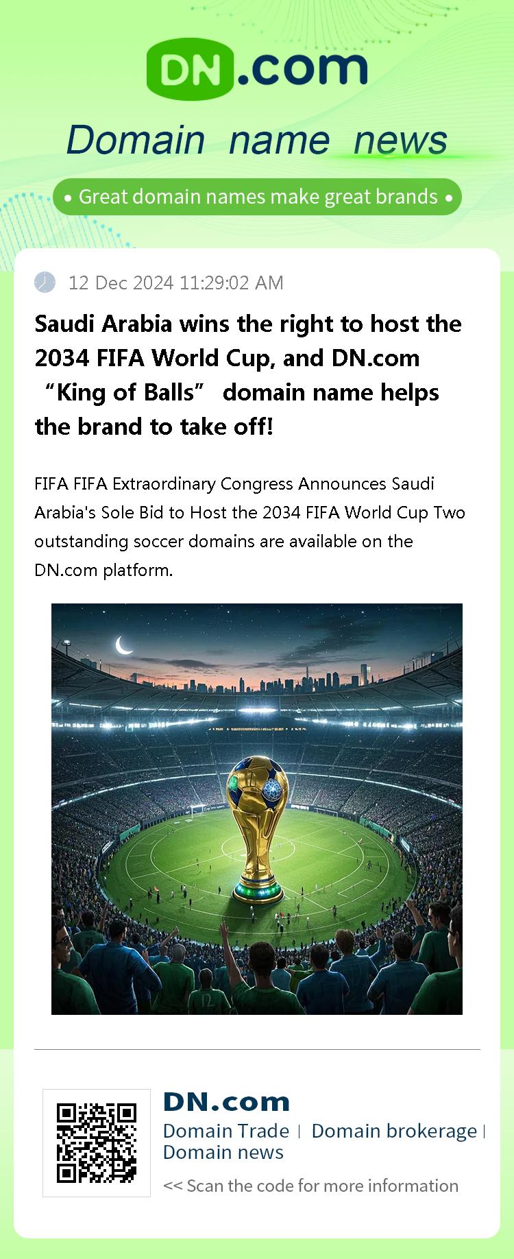 Saudi Arabia wins the right to host the 2034 FIFA World Cup, and DN.com “King of Balls” domain name helps the brand to take off!