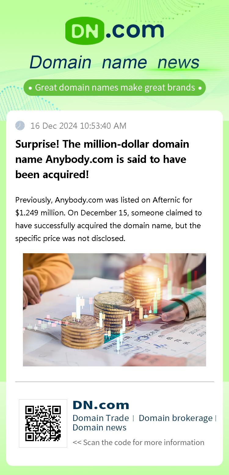 Surprise! The million-dollar domain name Anybody.com is said to have been acquired!