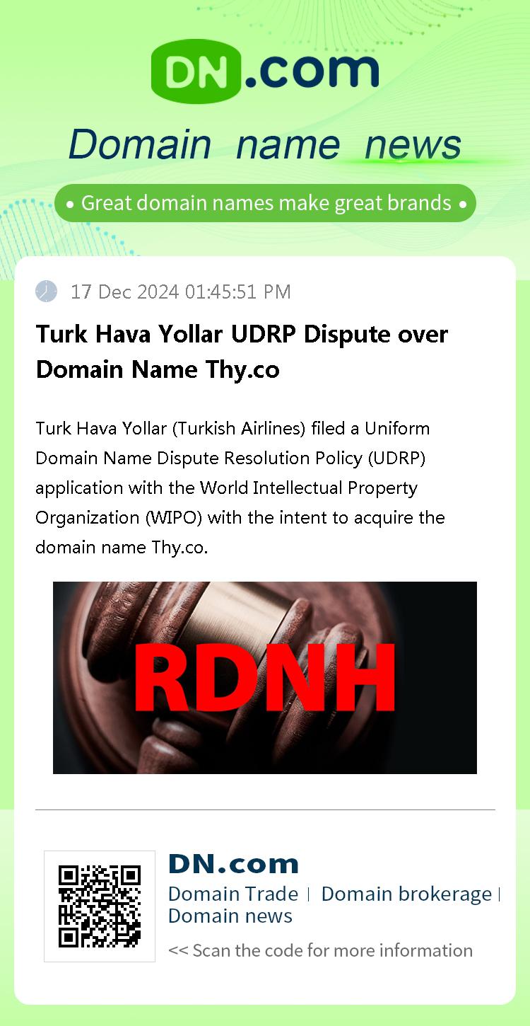 Turk Hava Yollar UDRP Dispute over Domain Name Thy.co