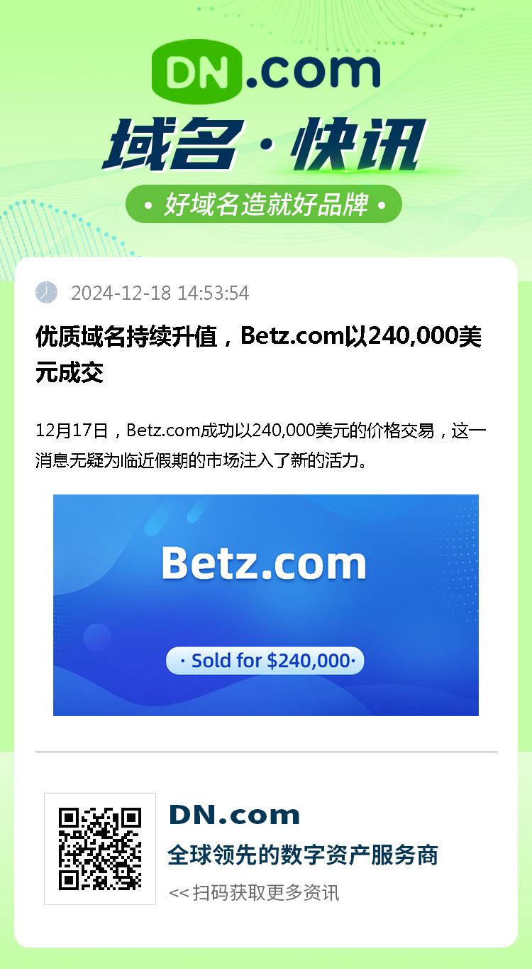 优质域名持续升值，Betz.com以240,000美元成交