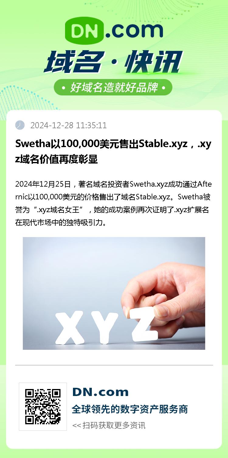 Swetha以100,000美元售出Stable.xyz，.xyz域名价值再度彰显