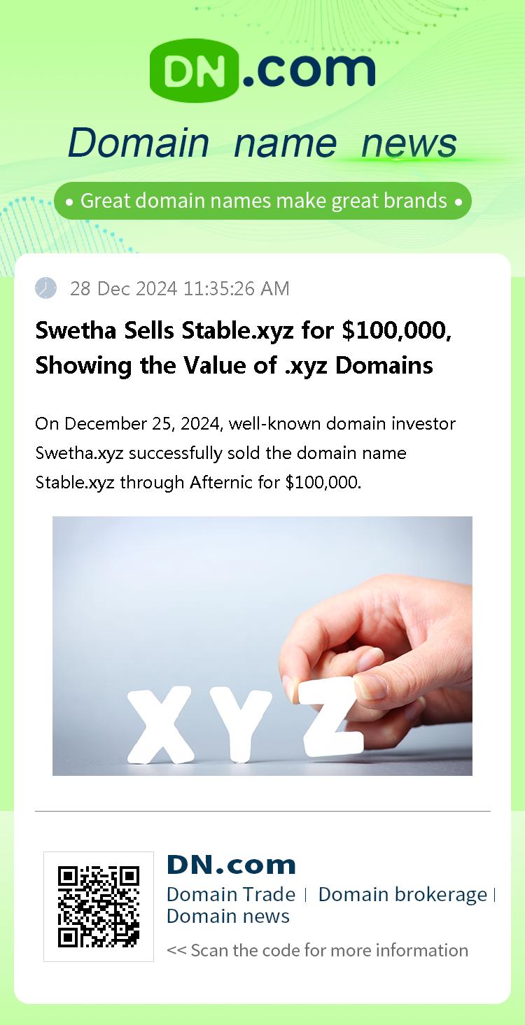 Swetha Sells Stable.xyz for $100,000, Showing the Value of .xyz Domains