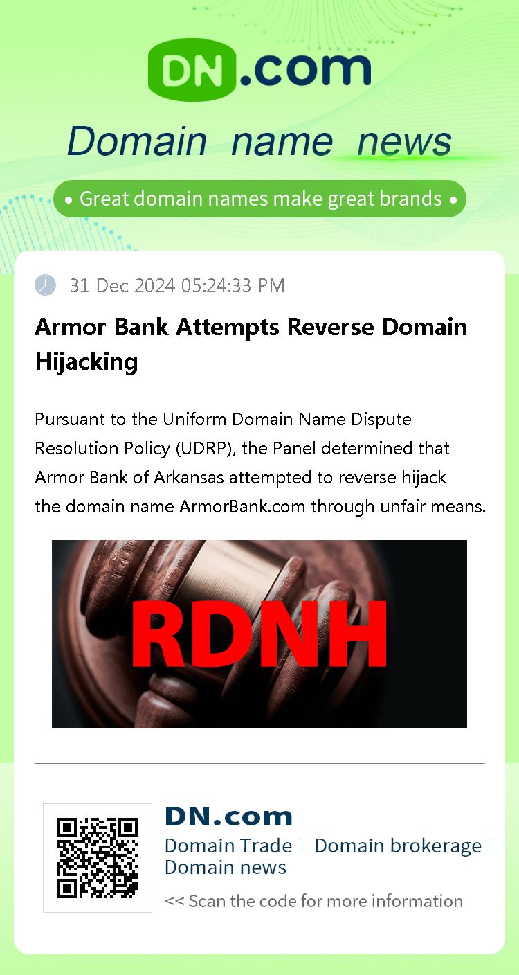 Armor Bank Attempts Reverse Domain Hijacking