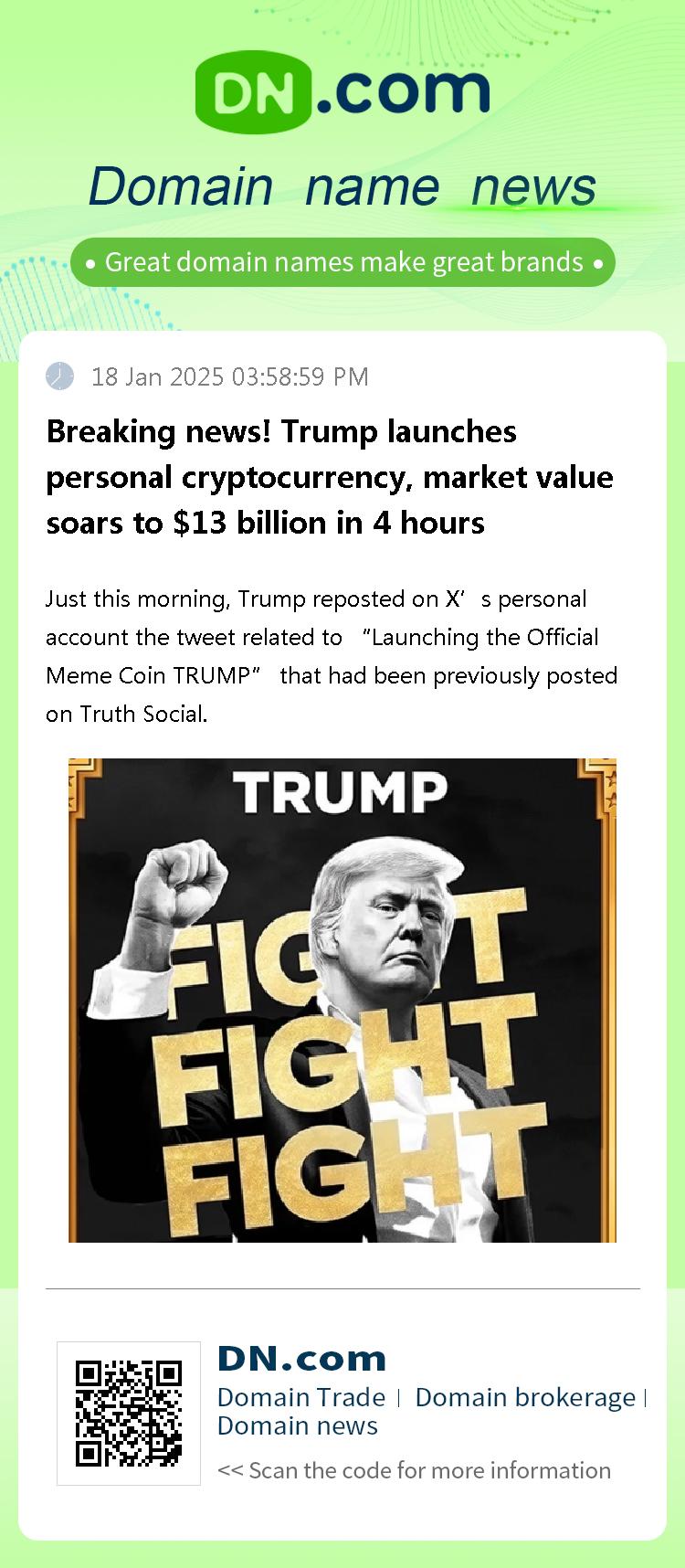 Breaking news! Trump launches personal cryptocurrency, market value soars to $13 billion in 4 hours