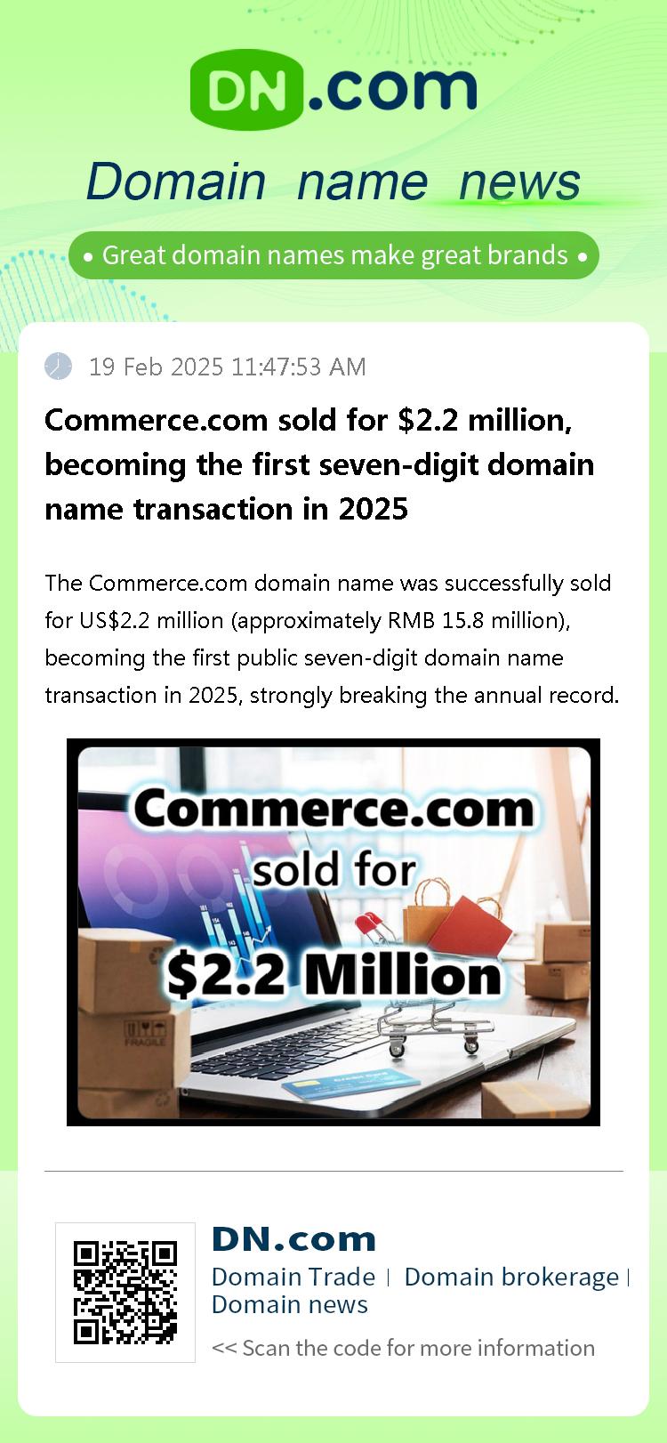 Commerce.com sold for $2.2 million, becoming the first seven-digit domain name transaction in 2025