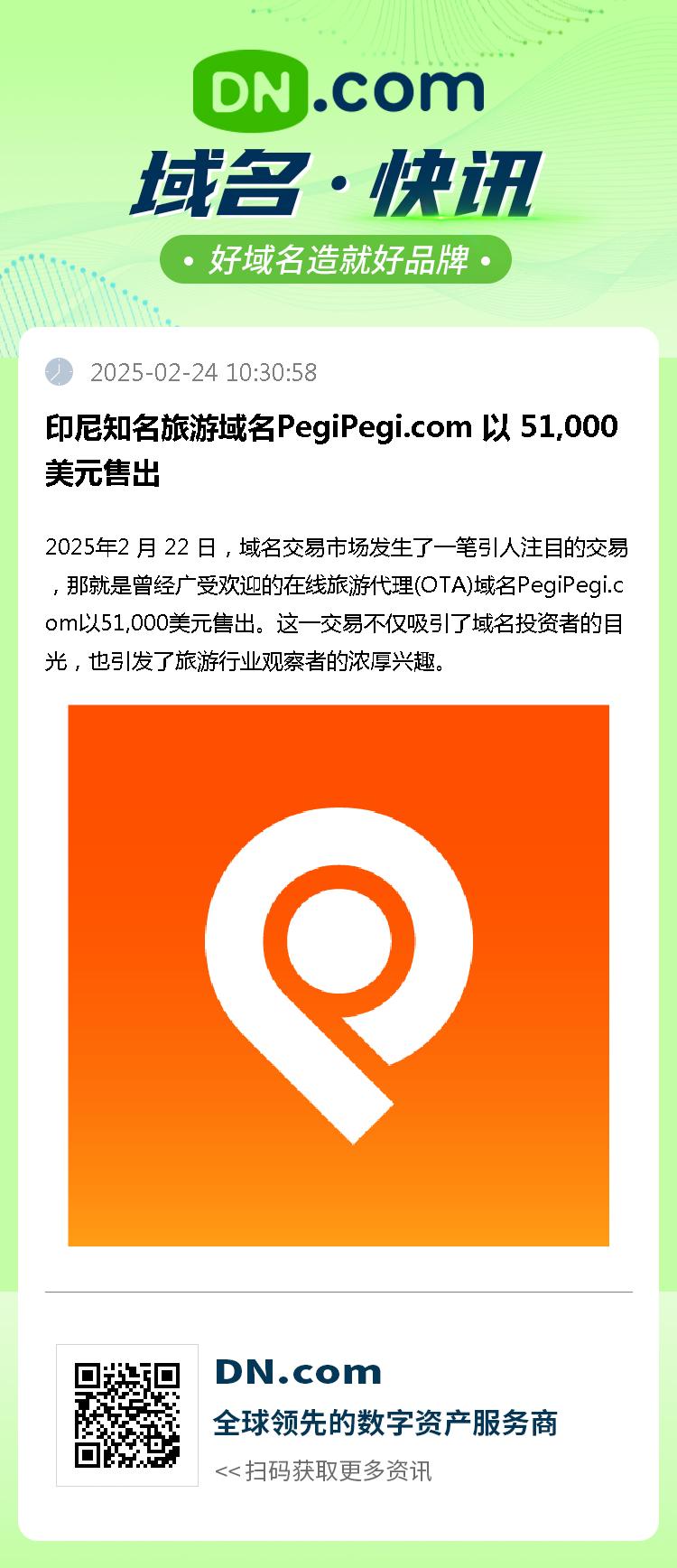 印尼知名旅游域名PegiPegi.com 以 51,000美元售出