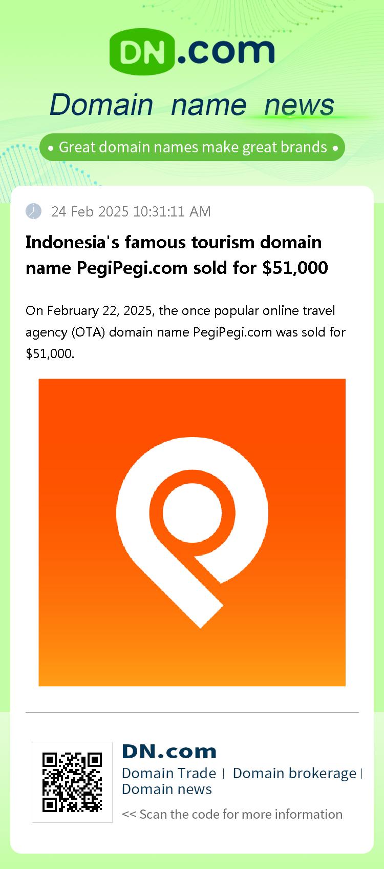 Indonesia's famous tourism domain name PegiPegi.com sold for $51,000