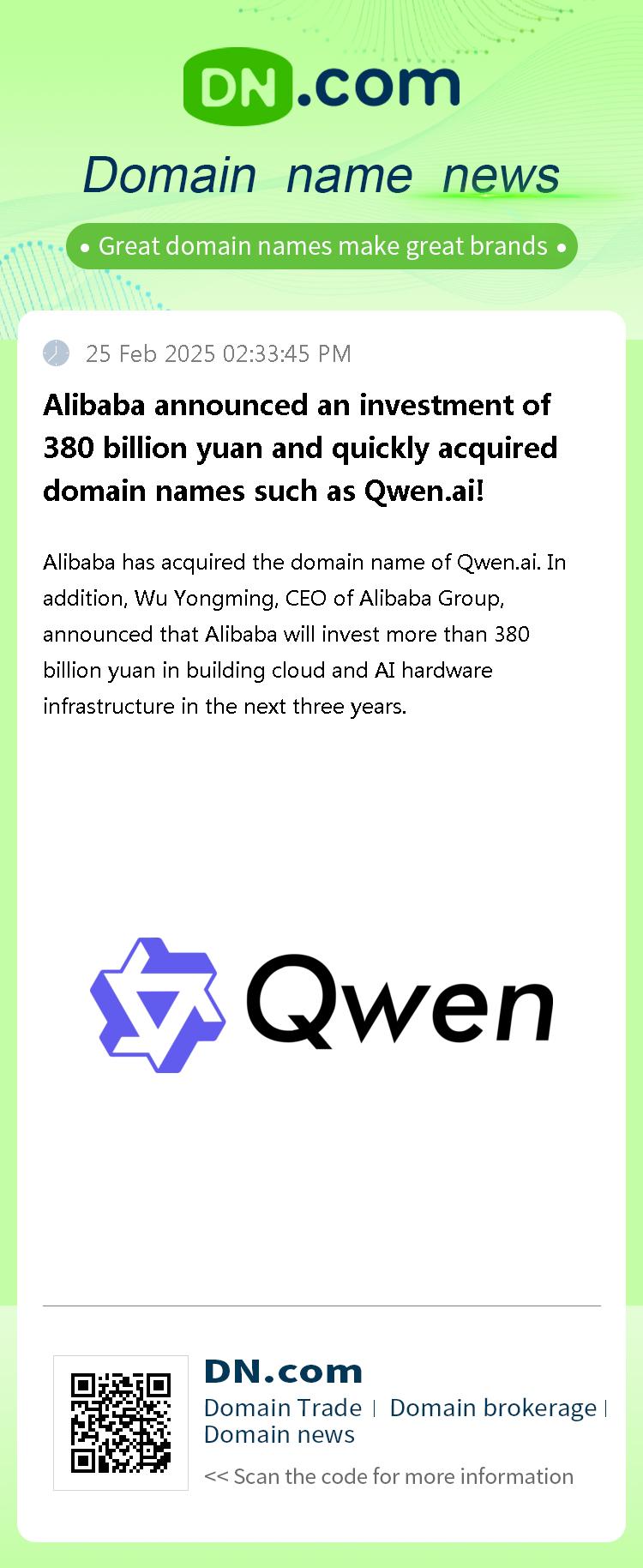 Alibaba announced an investment of 380 billion yuan and quickly acquired domain names such as Qwen.ai!