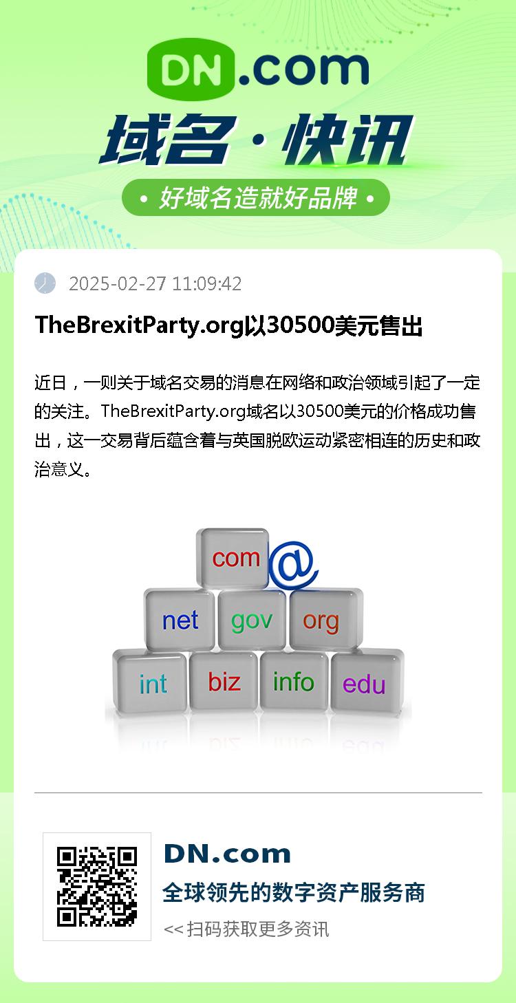 TheBrexitParty.org以30500美元售出