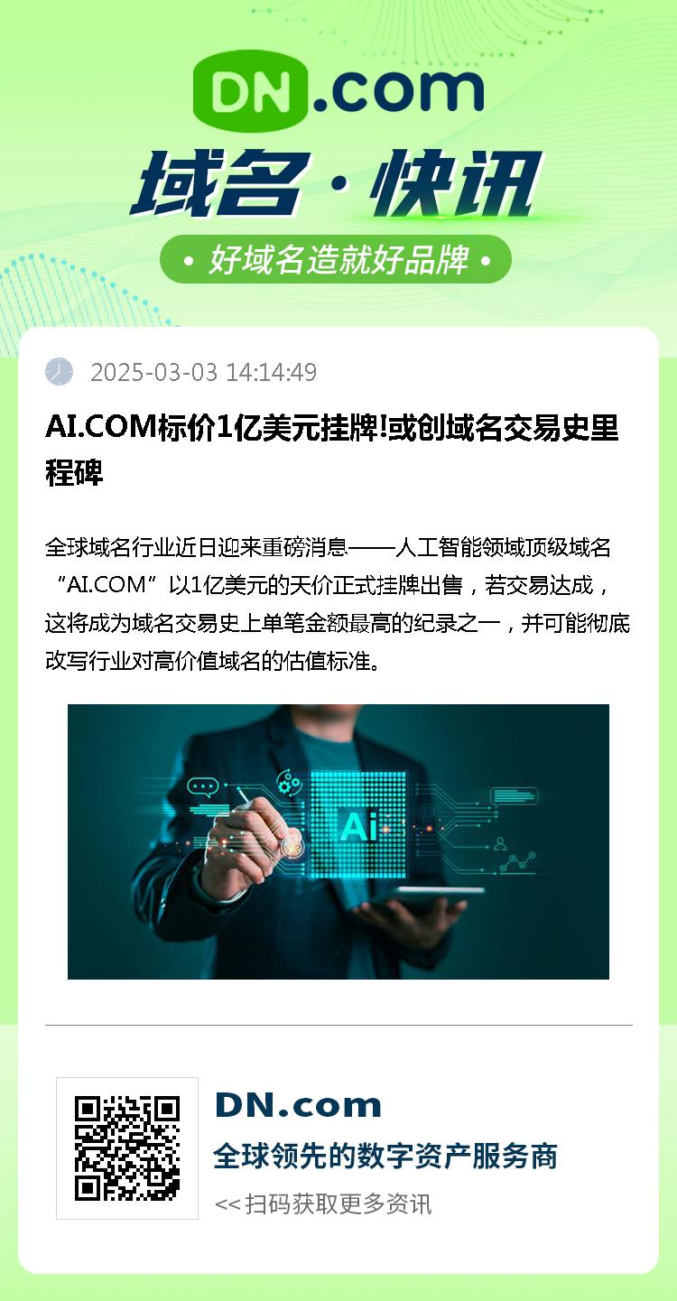 AI.COM标价1亿美元挂牌!或创域名交易史里程碑