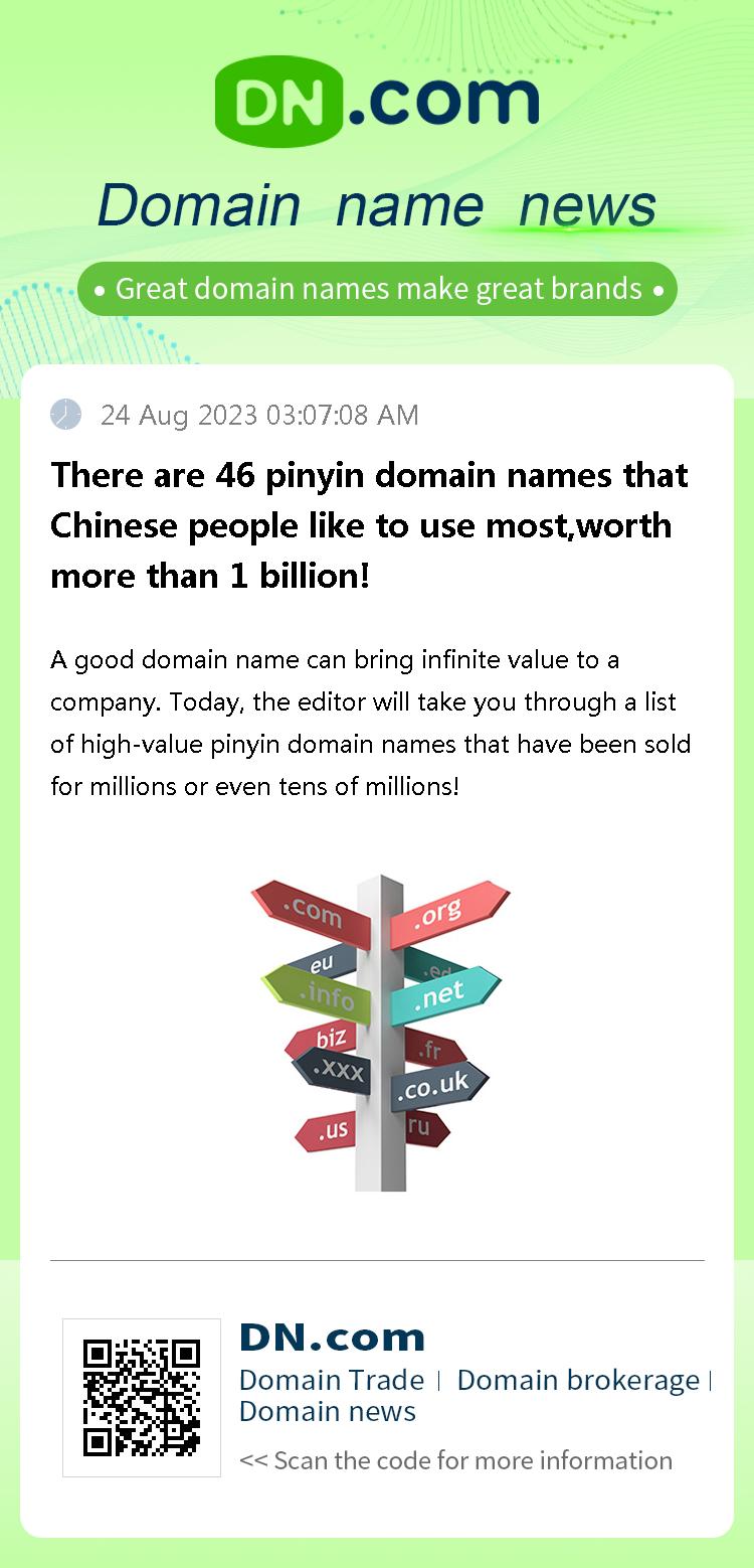 There are 46 pinyin domain names that Chinese people like to use most,worth more than 1 billion!