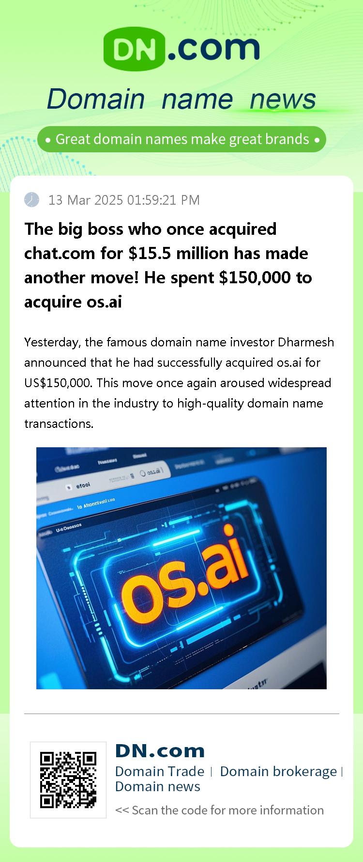 The big boss who once acquired chat.com for $15.5 million has made another move! He spent $150,000 to acquire os.ai