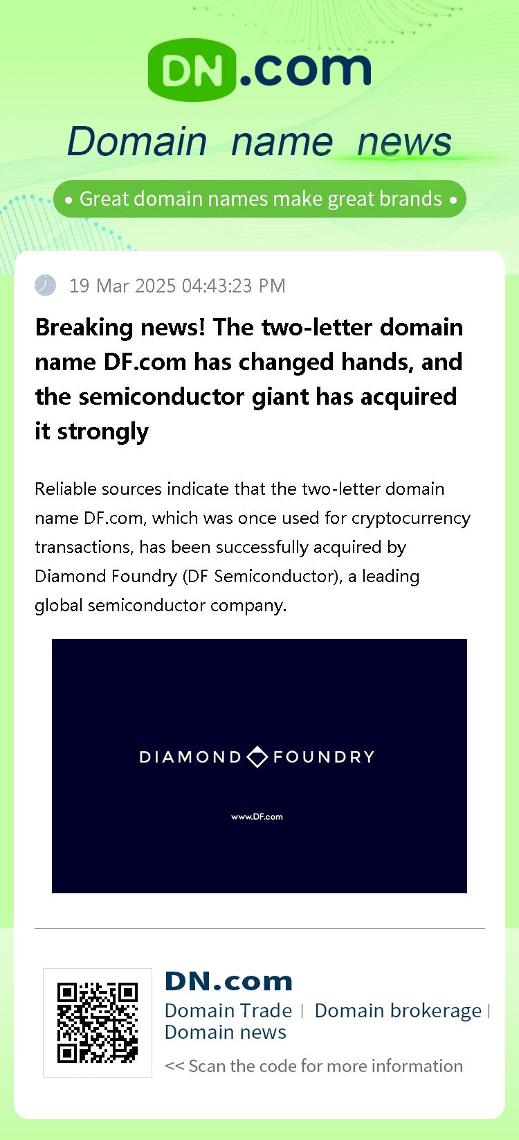 Breaking news! The two-letter domain name DF.com has changed hands, and the semiconductor giant has acquired it strongly