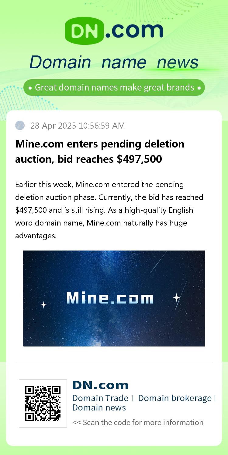 Mine.com enters pending deletion auction, bid reaches $497,500