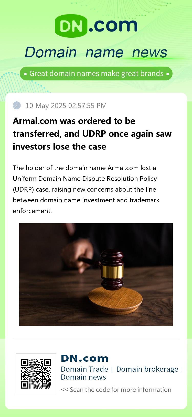 Armal.com was ordered to be transferred, and UDRP once again saw investors lose the case