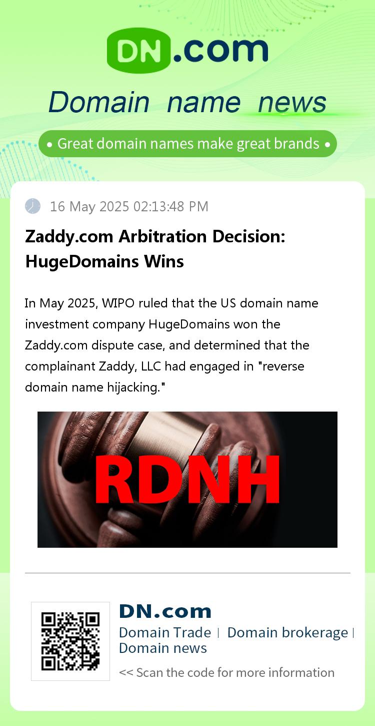 Zaddy.com Arbitration Decision: HugeDomains Wins