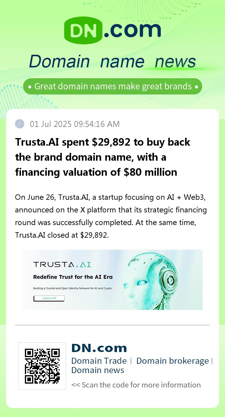 Trusta.AI spent $29,892 to buy back the brand domain name, with a financing valuation of $80 million